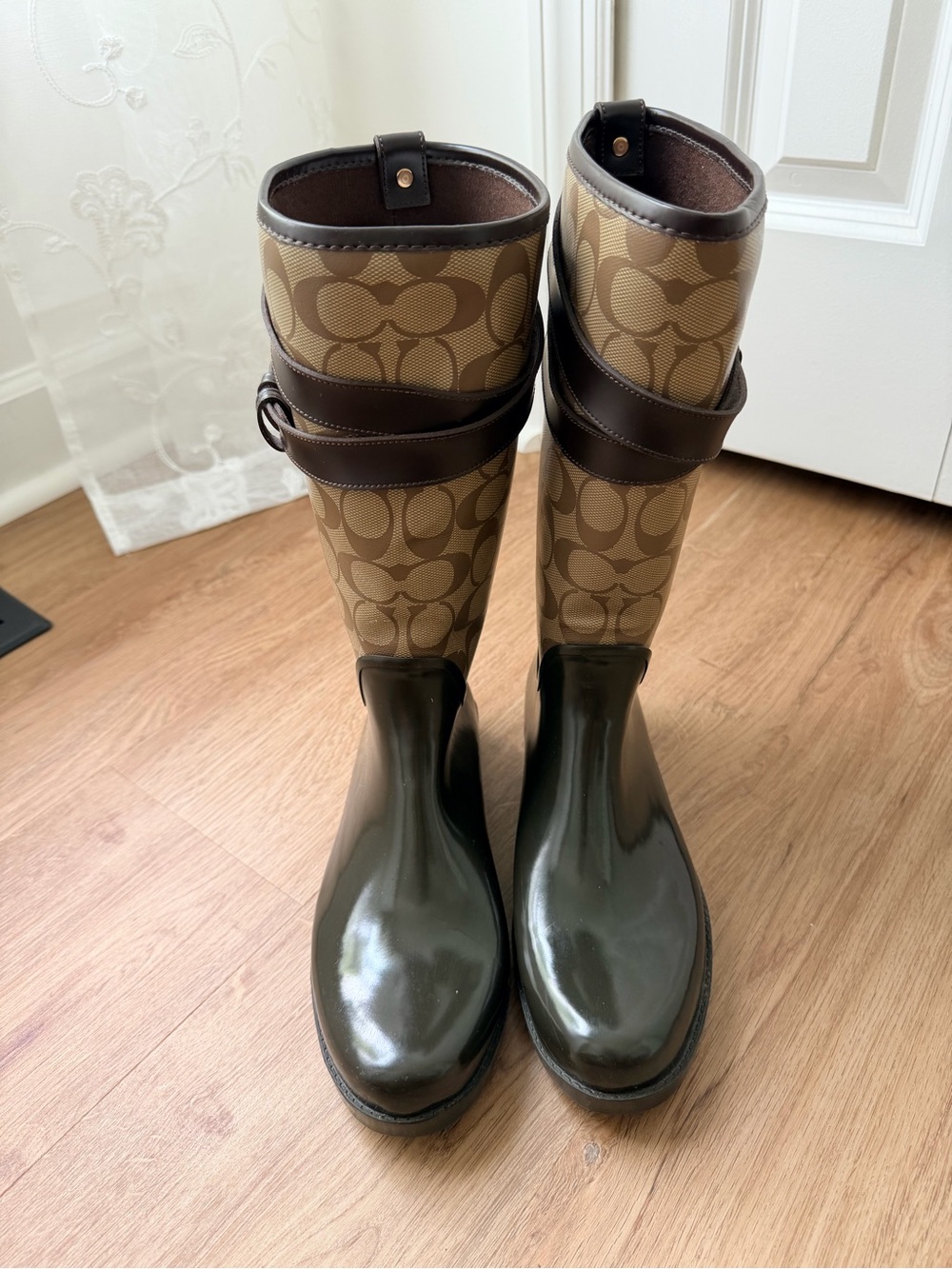 Coach Brown Signature Canvas & Olive Rubber Rain Boots